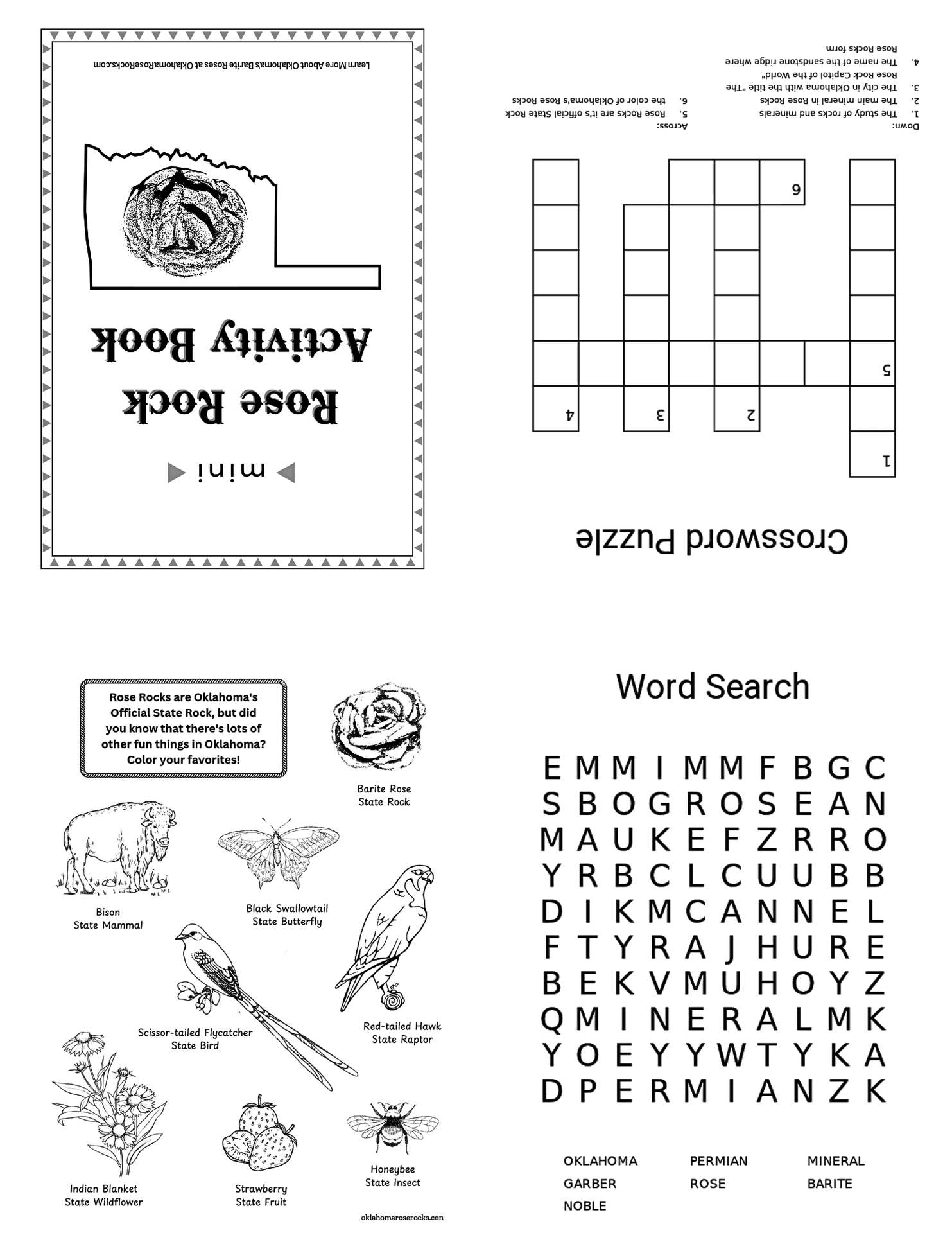 A printable worksheet for kids about Oklahoma's Rose Rocks, foldable diy with 4 sections