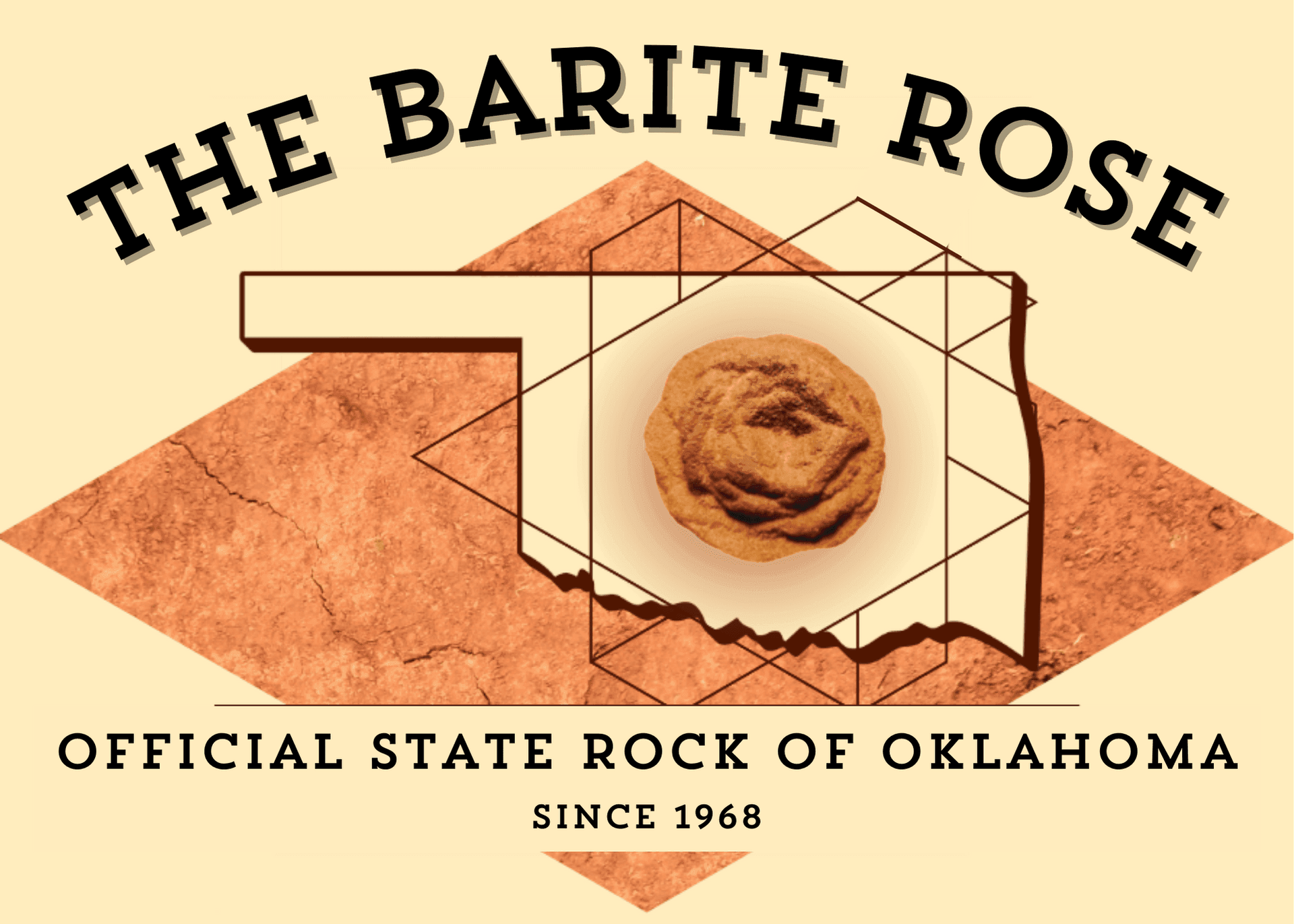 Graphic of Oklahoma with a barite rose, the state rock since 1968.