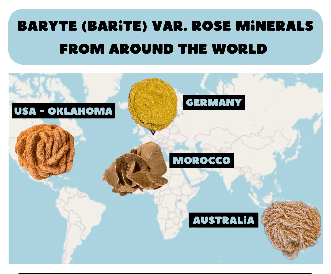 Map showing locations of Baryte rose minerals from USA, Germany, Morocco, and Australia.